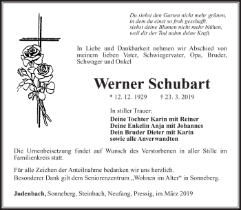 Traueranzeige von Werner Schubart von Südthüringer Presse