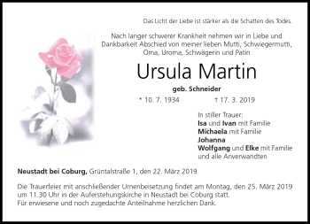 Traueranzeige von Ursula Martin von Neue Presse Coburg