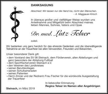 Traueranzeige von Lutz Telser von Südthüringer Presse