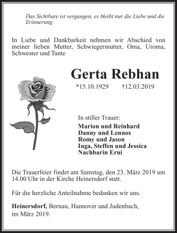 Traueranzeige von Gerta Rebhahn von Südthüringer Presse