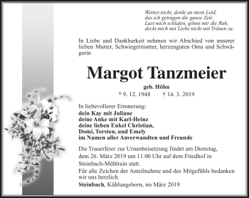 Traueranzeige von Margot Tanzmeier von Südthüringer Presse