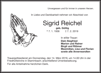Traueranzeige von Sigrid Reichel von Frankenpost