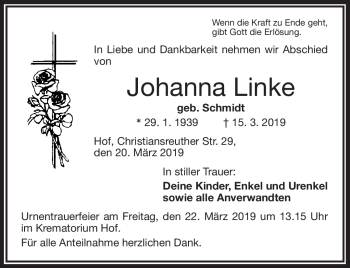 Traueranzeige von Johanna Linke von Frankenpost