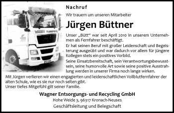 Traueranzeige von Jürgen Büttner von Neue Presse Coburg