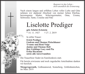 Traueranzeige von Liselotte Prediger von Südthüringer Presse