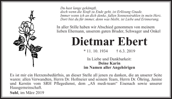 Traueranzeige von Dietmar Ebert von Südthüringer Presse