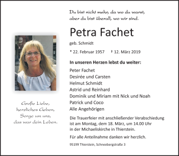 Traueranzeige von Petra Fachet von Frankenpost