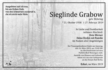 Traueranzeige von Sieglinde Grabow von Südthüringer Presse