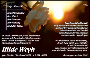 Traueranzeige von Hilde Weyh von Südthüringer Presse