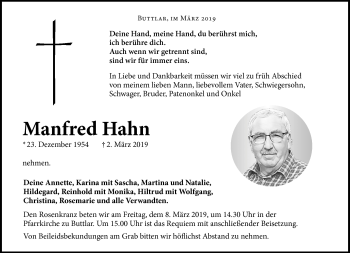 Traueranzeige von Manfred Hahn von Südthüringer Presse