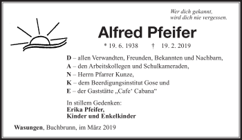 Traueranzeige von Alfred Pfeifer von Südthüringer Presse
