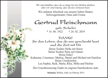 Traueranzeige von Gertrud Fleischmann von Südthüringer Presse