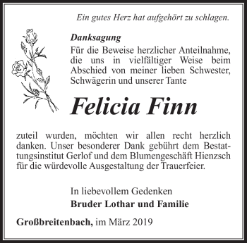 Traueranzeige von Felicia Finn von Südthüringer Presse