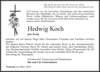 Traueranzeige von Hedwig Koch von Südthüringer Presse