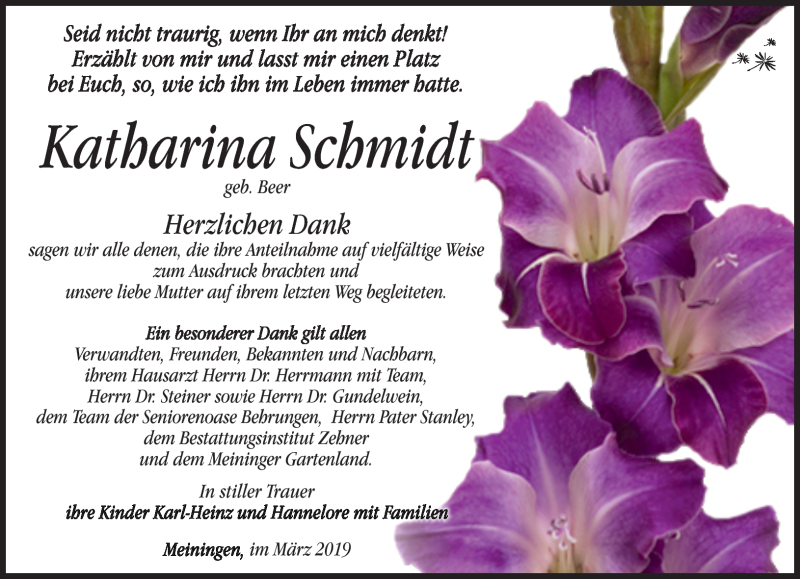  Traueranzeige für Katharina Schmidt vom 09.03.2019 aus Südthüringer Presse