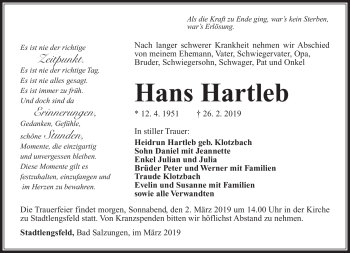 Traueranzeige von Hans Hartleb von Südthüringer Presse
