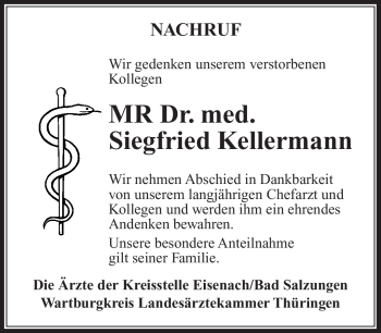 Traueranzeige von Siegfried Kellermann von Südthüringer Presse