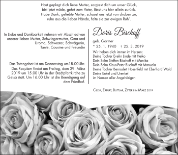 Traueranzeige von Doris Bischoff von Südthüringer Presse