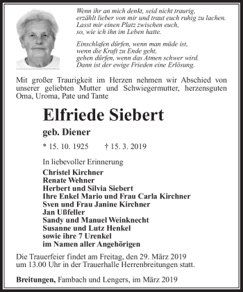 Traueranzeige von Elfriede Siebert von Südthüringer Presse