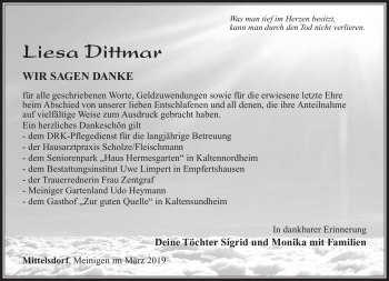 Traueranzeige von Liesa Dittmar von Südthüringer Presse