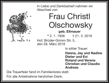 Traueranzeige von Christl Olschowsky von Frankenpost