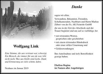 Traueranzeige von Wolfgang Link von Südthüringer Presse