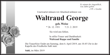 Traueranzeige von Waltraud George von Südthüringer Presse
