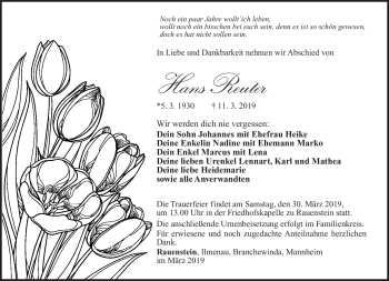Traueranzeige von Hans Reuter von Südthüringer Presse