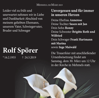 Traueranzeige von Rolf Spörer von Südthüringer Presse