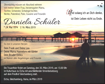 Traueranzeige von Daniela Schüler von Südthüringer Presse