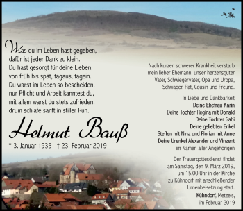 Traueranzeige von Helmut Bauß von Südthüringer Presse