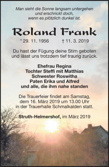 Traueranzeige von Roland Frank von Südthüringer Presse