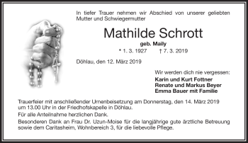 Traueranzeige von Mathilde Schrott von Frankenpost