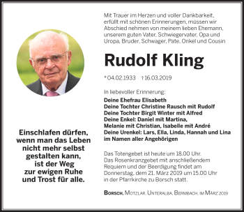 Traueranzeige von Rudolf Kling von Südthüringer Presse