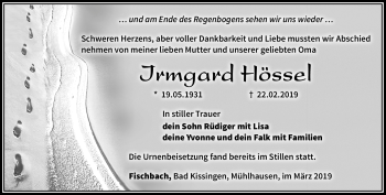 Traueranzeige von Irmgard Hössel von Südthüringer Presse