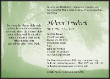 Traueranzeige von Helmut Friedrich von Südthüringer Presse