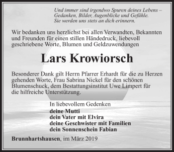 Traueranzeige von Lars Krowiorsch von Südthüringer Presse