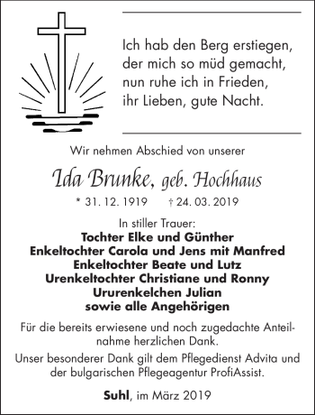 Traueranzeige von Ida Brunke von Südthüringer Presse
