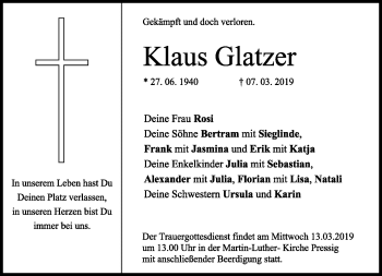 Traueranzeige von Klaus Glatzer von Neue Presse Coburg
