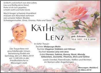 Traueranzeige von Käthe Lenz von Südthüringer Presse