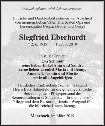 Traueranzeige von Siegfried Eberhardt von Südthüringer Presse