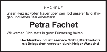 Traueranzeige von Petra Fachet von Frankenpost