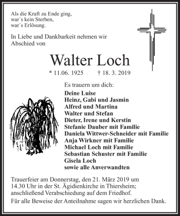 Traueranzeige von Walter Loch von Frankenpost