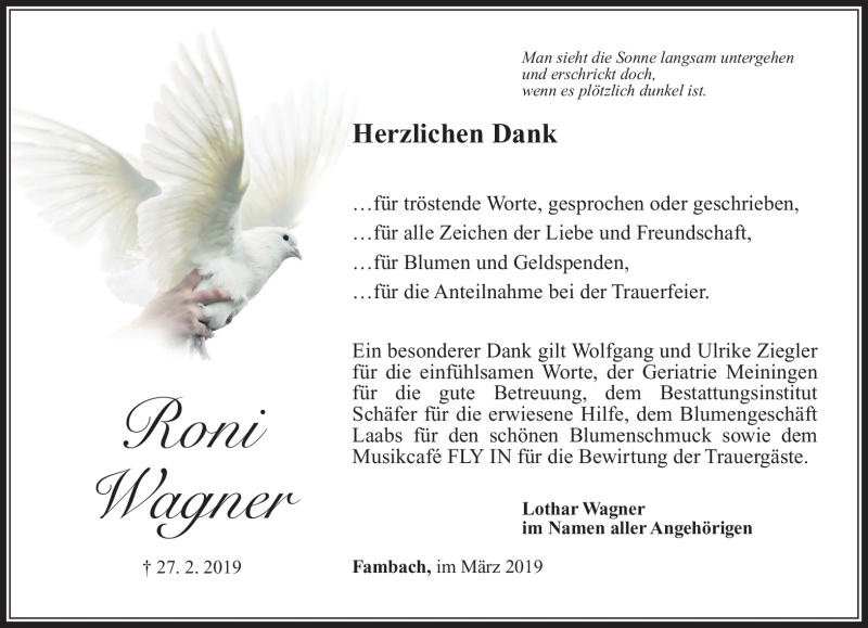  Traueranzeige für Roni Wagner vom 16.03.2019 aus Südthüringer Presse