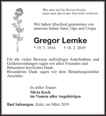 Traueranzeige von Gregor Lemke von Südthüringer Presse