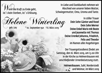 Traueranzeige von Helene Winterling von Südthüringer Presse