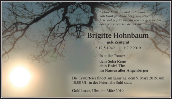 Traueranzeige von Brigitte Hohnbaum von Südthüringer Presse