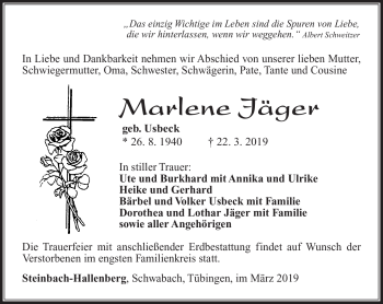 Traueranzeige von Marlene Jäger von Südthüringer Presse