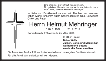 Traueranzeige von Helmut Mehringer von Frankenpost