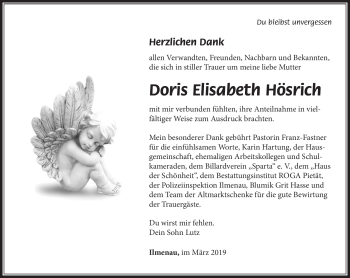 Traueranzeige von Doris Elisabeth Hösrich von Südthüringer Presse